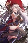  1girl absurdres bangs bare_shoulders blush breasts cleavage dress granblue_fantasy grey_hair hat highres hotate-chan large_breasts legs long_hair looking_at_viewer magisa_(granblue_fantasy) open_mouth outstretched_arm purple_eyes simple_background smile thighhighs witch_hat 