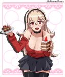  1girl alternate_costume artist_name black_hairband black_legwear breasts cake cleavage corrin_(fire_emblem) corrin_(fire_emblem)_(female) fire_emblem fire_emblem_fates food fruit hairband highres holding holding_plate leaning_forward long_hair open_mouth patdarux plate pointy_ears red_eyes skirt solo strawberry thighhighs white_hair 