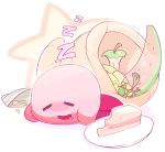  1boy :d =_= apple artist_name bag banana blush chips cornucopia disconnected_mouth drooling food fruit galabuddy green_apple kirby kirby_(series) on_floor open_mouth outline pink_skin plate potato_chips saliva signature simple_background sleeping smile solo star_(symbol) watermelon white_background zzz 