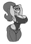  animal_humanoid anthro big_breasts bottomwear breasts cleavage clothed clothing eye_patch eyewear female fish glistening glistening_breasts greyscale hair hands_behind_head hi_res huge_breasts humanoid leotard long_hair looking_at_viewer marine marine_humanoid monochrome muscular muscular_female pants pants_over_leotard ponytail portrait pupils putricia side_boob simple_background slit_pupils smile solo standing undertale undyne video_games white_background wide_hips 