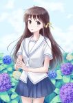  1girl absurdres blue_skirt brown_eyes brown_hair day flower free_palet fruits_basket hair_ribbon hands_together highres honda_tooru hydrangea looking_at_viewer open_mouth outdoors ribbon school_uniform shirt skirt solo standing white_shirt yellow_ribbon 