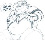  &lt;3 2020 anthro belly blue_and_white blush clothing exe_exem hat headgear headwear kemono male mammal monochrome navel overweight overweight_male shirt simple_background solo text tokyo_afterschool_summoners tongue tongue_out topwear underwear ursid video_games white_background 