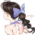  1girl bangs bare_back bare_shoulders black_hair blue_bow blue_ribbon bow facing_away from_behind hair_bow highres long_hair original ponytail ribbon signature simple_background solo umishima_senbon upper_teeth white_background 