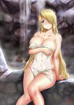  1boy 1girl arm_support blonde_hair bloodstained:_curse_of_the_moon_2 bloodstained:_ritual_of_the_night bloodstained_(series) blue_eyes breasts dog dominique_(bloodstained) finalcake hachi_(bloodstained) hair_over_one_eye large_breasts long_hair nude onsen parted_lips steam towel very_long_hair water welsh_corgi zangetsu_(bloodstained) 