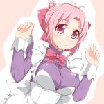  1girl amatsuka_megumi_(gj-bu) antenna_hair apron bangs blush breasts closed_mouth dou-t dress eyebrows_visible_through_hair frilled_apron frills gj-bu hands_up highres juliet_sleeves large_breasts long_sleeves looking_at_viewer parted_bangs pink_background pink_eyes pink_hair puffy_sleeves purple_dress smile solo turtleneck upper_body white_apron white_background 