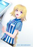  1girl :d alternate_costume blonde_hair blue_shirt braid cash_register cashier commentary_request dutch_angle employee_uniform eyebrows_visible_through_hair fate/grand_order fate_(series) hair_between_eyes id_card jeanne_d&#039;arc_(fate) jeanne_d&#039;arc_(fate)_(all) lawson long_braid long_hair looking_at_viewer name_tag open_mouth purple_eyes shirotsumekusa shirt short_sleeves single_braid smile solo striped striped_shirt two-tone_shirt uniform vertical-striped_shirt vertical_stripes very_long_hair white_shirt 