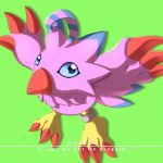  1:1 2020 avian beak biyomon blue_body blue_eyes blue_feathers blue_markings claws digimon digimon_(species) elferin feathers feral fingers flying green_background hi_res markings pink_body pink_feathers red_claws ring simple_background solo toe_claws toes tuft 