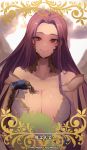  1girl breasts bustier claws cleavage craft_essence fate/grand_order fate_(series) gorgon gorgon_(fate) highres huge_breasts long_hair monster_girl parody purple_hair rider scales smile solo square_pupils upper_body vantsuki very_long_hair 