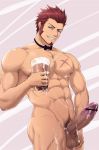  1boy abs bara blue_eyes brown_hair chest erection facial_hair fate/grand_order fate_(series) goatee highres male_focus muscle napoleon_bonaparte_(fate/grand_order) pectorals penis scar see-through sideburns smile solo soulga3 wet wet_clothes 