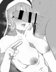  1boy 1girl absurdres areola_slip areolae bangs bar_censor blush breasts censored cleavage collarbone covered_eyes erection greyscale habit heavy_breathing hetero highres large_breasts long_hair monochrome nijisanji nipples nude nun open_mouth penis penis_on_face penis_over_eyes rir0_updown sagging_breasts simple_background sister_cleaire solo_focus testicles tongue tongue_out veins virtual_youtuber white_background 