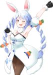  1girl absurdres animal_ear_fluff animal_ears appo_(36786257) arm_up armpits bangs black_gloves black_legwear blue_hair blush braid breasts bunny_ears carrot_hair_ornament closed_eyes commentary_request eyebrows_visible_through_hair food_themed_hair_ornament fur_collar gloves hair_between_eyes hair_ornament highres hololive long_hair looking_at_viewer multicolored_hair open_mouth pantyhose simple_background smile solo thick_eyebrows twin_braids two-tone_hair upper_teeth usada_pekora virtual_youtuber white_background white_hair 