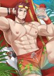 1boy abs absurdres bara beard blue_eyes bracelet brown_hair chest commission facial_hair fate/grand_order fate_(series) food glasses highres ice_cream iskandar_(fate) jewelry kienbiu looking_at_viewer male_focus muscle napoleon_bonaparte_(fate/grand_order) nipples pectorals scar shirt short_sleeves smile solo summer sunglasses sunlight thighs 