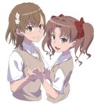  2girls brown_eyes brown_hair collared_shirt commentary_request cropped_torso dress_shirt flower hair_flower hair_ornament hair_ribbon holding_hands isshou long_hair looking_at_viewer misaka_mikoto multiple_girls red_ribbon ribbon school_uniform shirai_kuroko shirt short_hair short_sleeves smile sweater_vest to_aru_kagaku_no_railgun to_aru_majutsu_no_index tokiwadai_school_uniform twintails upper_body white_shirt 