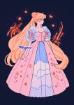  1girl artist_name bishoujo_senshi_sailor_moon black_background blonde_hair closed_eyes cloud_print crescent_moon dress liquid long_hair meyoco moon pink_dress profile puffy_short_sleeves puffy_sleeves shooting_star short_sleeves simple_background solo star_(symbol) tsukino_usagi twintails very_long_hair water 