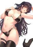  1girl amagimei azur_lane bangs bare_shoulders bikini black_bikini black_choker black_hair black_legwear blush breast_suppress breasts breasts_apart choker hair_between_eyes highres hip_bones large_breasts long_hair looking_at_viewer midriff navel parted_lips red_eyes seductive_smile simple_background skindentation smile stomach swimsuit taihou_(enraptured_companion)_(azur_lane) thighhighs white_background 