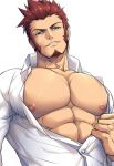  1boy abs bara beard blue_eyes brown_hair chachi_(soulga) chest collar facial_hair fate/grand_order fate_(series) goatee long_sleeves male_focus muscle napoleon_bonaparte_(fate/grand_order) pectorals sideburns smile unbuttoned 