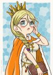  1girl :o absurdres adjusting_eyewear blonde_hair blue_eyes blush border breasts cape cleavage commentary_request crown dragon_quest dragon_quest_xi dress fur-trimmed_cape fur_trim glasses hani_wahanihani highres huge_filesize long_hair looking_at_viewer orange_cape round_eyewear shaaru_(dq11) small_breasts solo twitter_username white_border white_dress 