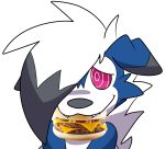  absurd_res ambiguous_gender black_nose blue_body blue_fur burger ears_down fangs food fur hair hi_res joltink lycanroc midnight_lycanroc nintendo object_in_mouth pivoted_ears pok&eacute;mon pok&eacute;mon_(species) red_sclera shiny_pok&eacute;mon video_games white_body white_fur white_hair 