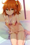  1girl ahoge bangs bare_shoulders bikini blush breasts brilliant_summer cleavage collarbone fate/grand_order fate_(series) fujimaru_ritsuka_(female) hair_ornament hair_scrunchie large_breasts looking_at_viewer navel one_side_up open_mouth orange_bikini orange_eyes orange_hair orange_scrunchie scrunchie seiza sen_(astronomy) short_hair sitting striped striped_bikini swimsuit thighs 