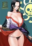  1girl bangs black_eyes black_hair black_panties boa_hancock breasts cleavage dress earrings highres jewelry konohana large_breasts long_hair looking_at_viewer micro_panties midriff navel no_bra one_piece open_mouth panties shichibukai skindentation smile snake_earrings solo underwear very_long_hair 