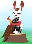  animal_crossing anthro applying_makeup bottomwear clothing crovirus eyeshadow female fishnet fishnet_legwear footwear garter_straps gloves grass handwear hi_res high_heels lagomorph legwear leporid lipstick looking_away makeup mammal nintendo personal_grooming rabbit shoes sitting skirt solo tiffany_(animal_crossing) tree_stump video_games 