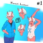  1:1 absurd_res clothed clothing demon ear_piercing female flat_chested hair hanachi_lockhart hi_res hoodie horn humanoid model_sheet open_mouth piercing red_body red_skin simple_background solo topwear white_hair woix yawn 