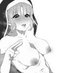  1girl absurdres areolae bangs blush breasts cleavage collarbone covered_eyes greyscale habit heavy_breathing highres large_breasts long_hair monochrome nijisanji nipples nude nun open_mouth rir0_updown sagging_breasts simple_background sister_cleaire tongue tongue_out upper_body v virtual_youtuber white_background 