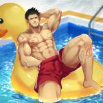  1422188087 1boy abs bara black_hair bulge chest facial_hair gyee hand_under_clothes hand_under_swimsuit looking_at_viewer male_focus muscle navel nipples pectorals priapus_(gyee) shorts sitting smile solo swimsuit tattoo 