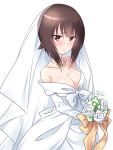  1girl artist_name bare_shoulders blush bouquet breasts bridal_veil brown_eyes brown_hair cleavage closed_mouth collarbone dated dress eyebrows_visible_through_hair flower girls_und_panzer highres jewelry kuzuryuu_kennosuke large_breasts looking_at_viewer necklace nishizumi_maho rose shiny shiny_hair short_hair simple_background smile solo veil wedding_dress white_background white_flower white_rose 