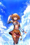  1girl :d absurdres blonde_hair blue_eyes breasts cloud cloudy_sky day detached_sleeves feet_out_of_frame fiorung highres miniskirt open_mouth outdoors short_hair skirt sky small_breasts smile solo tarbo_(exxxpiation) thighhighs wind xenoblade_(series) xenoblade_1 