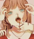  1girl aqua_eyes blood bloody_nose brown_hair heart highres kapura long_hair looking_at_viewer melting open_mouth original portrait signature surreal teeth tongue tongue_out 