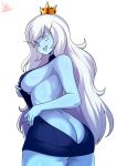  1girl adventure_time backless_dress backless_outfit bare_back bare_shoulders blue_skin blue_sweater breasts butt_crack crown dress eyebrows_visible_through_hair genderswap genderswap_(mtf) highres ice_queen jmg large_breasts long_eyebrows long_hair looking_at_viewer meme_attire naked_sweater sharp_teeth sideboob sweater sweater_dress teeth turtleneck turtleneck_sweater very_long_hair virgin_killer_sweater white_hair 
