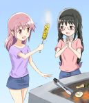  2girls :d akemi_homura barbecue black_hair braid casual corn food glasses hair_down kaname_madoka kinfuji mahou_shoujo_madoka_magica miniskirt multiple_girls open_mouth pink_eyes pink_hair purple_eyes shirt skirt smile twintails vegetable 