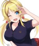  1girl :d ahoge bangs blonde_hair blue_eyes blue_shirt breasts cleavage hachimiya_meguru hair_ornament hairclip hand_up highres idolmaster idolmaster_shiny_colors large_breasts long_hair looking_at_viewer low_twintails one_eye_closed open_mouth polo_shirt shionootsu shirt short_sleeves simple_background skirt smile solo star_(symbol) star_hair_ornament swept_bangs twintails upper_body 