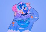  1girl arm_up artist_name beret cloud cloud_print cloudy_sky crescent_moon from_behind gradient_hair hat hood hood_down long_sleeves medium_hair meyoco moon multicolored_hair original pink_hair purple_background purple_hair simple_background sky sky_print solo sparkle star_(sky) 