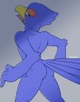  2019 abs anthro athletic athletic_anthro athletic_male avian beak bird blue_body blue_eyes blue_feathers butt digital_media_(artwork) falco_lombardi falcon falconid feathers kemo_nuko looking_back male nintendo nude simple_background solo star_fox video_games 