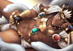  1boy abs bara beard brown_hair bulge chest dark_skin dark_skinned_male facial_hair headband highres jewelry looking_at_viewer male_focus muscle navel necklace nipples pectorals pointy_ears revealing_clothes solo spiked_hair tangaroa tattoo tokyo_houkago_summoners white_hair yellow_eyes zifuuuun 