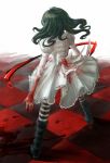  1girl alice:_madness_returns alice_(wonderland) american_mcgee&#039;s_alice black_hair blood boots dress english_commentary hei_xing highres knife long_hair pantyhose solo striped striped_legwear 