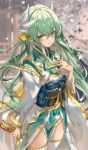  1girl blurry blurry_background cowboy_shot dragon_girl dragon_horns eyebrows_visible_through_hair fan fate/grand_order fate_(series) folding_fan green_eyes green_hair hair_between_eyes highres holding holding_fan horns japanese_clothes kimono kiyohime_(fate/grand_order) long_hair looking_at_viewer multiple_horns sash shino_(eefy) solo thighhighs 