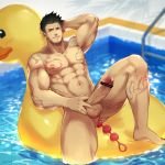  1422188087 1boy abs bara black_hair chest cum cum_while_penetrated ejaculation facial_hair gyee large_penis looking_at_viewer male_focus muscle navel nipples pectorals penis priapus_(gyee) sitting smile solo tattoo 