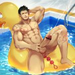  1422188087 1boy abs bara black_hair chest cum cum_while_penetrated ejaculation facial_hair gyee large_penis looking_at_viewer male_focus muscle navel nipples pectorals penis priapus_(gyee) sitting smile solo tattoo 