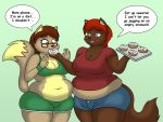  4:3 anthro breasts canid canine cinnamon_bun cleavage clothed clothing dialogue duo english_text eyewear female female/female fox glasses hi_res lordstormcaller mammal overweight overweight_anthro overweight_female text weight_gain 