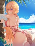  1boy 1girl after_sex arm_support ass azur_lane bangs bare_back bare_shoulders beach beach_chair blonde_hair blue_sky blush breasts bush cloud cum cum_in_pussy cum_on_body cum_on_clothes hair_between_eyes hair_over_shoulder hajika hetero highres innertube large_breasts leaning_forward long_hair looking_back multiple_straps ocean palm_tree penis purple_eyes red_swimsuit richelieu_(azur_lane) sand side-tie_swimsuit sideboob sky smile solo_focus standing standing_sex sunlight sweat swimsuit swimsuit_aside tree umbrella very_long_hair water 