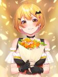  1girl ahoge bangs bare_shoulders bat_hair_ornament black_choker black_gloves blonde_hair blush breasts choker cleavage collarbone commentary_request eyebrows_visible_through_hair fingerless_gloves flower gem gloves hair_between_eyes hair_ornament hairclip highres holding holding_flower hololive large_breasts looking_at_viewer mikan_(chipstar182) orange_flower parted_lips short_hair short_sleeves smile solo virtual_youtuber white_flower yellow_eyes yozora_mel 