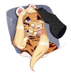  anthro blonde_hair breasts claws countershade_face countershading duo felid female hair headshot_portrait hi_res jaguar long_hair mammal muzzle_(object) muzzled pantherine portrait pulling_hair purple_eyes rajah(vapplepie) smile solo_focus teeth tiger tongue tongue_out touching_hair vapplepie 