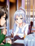  1boy 2girls ahoge arrichee bangs blurry_foreground blush brown_hair closed_mouth commentary_request cup drinking_straw green_sweater grin hair_between_eyes hand_on_own_cheek high_ponytail highres hikigaya_hachiman ice ice_cube indoors kawasaki_keika kawasaki_saki long_hair long_ponytail looking_at_viewer multiple_girls orange_scrunchie purple_eyes scrunchie shirt short_hair sidelocks silver_hair sitting smile sweater table white_shirt yahari_ore_no_seishun_lovecome_wa_machigatteiru. 