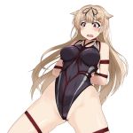  1girl bdsm black_ribbon black_swimsuit blonde_hair bondage bound commentary_request competition_swimsuit cowboy_shot hair_flaps hair_ornament hair_ribbon hairclip highleg highleg_swimsuit highres kantai_collection kinakomochi_(testament05) long_hair one-piece_swimsuit red_eyes remodel_(kantai_collection) ribbon shibari simple_background solo swimsuit tears tied_up white_background yuudachi_(kantai_collection) 