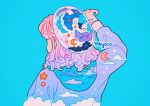  1girl aqua_background arm_up artist_name beret cloud cloud_print cloudy_sky crescent_moon from_behind gradient_hair hat hood hood_down long_sleeves medium_hair meyoco moon multicolored_hair original pink_hair purple_hair simple_background sky sky_print solo sparkle star_(sky) 