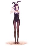  1girl absurdres animal_ears arm_behind_back bare_shoulders black_legwear black_leotard blush breasts bunny_ears bunnysuit closed_mouth collarbone detached_collar eyeliner fate/grand_order fate_(series) forehead full_body hair_pulled_back hairband highres horns legs leotard looking_at_viewer makeup obabynight oni oni_horns pantyhose purple_eyes purple_hair short_eyebrows short_hair short_ponytail shuten_douji_(fate/grand_order) simple_background skin-covered_horns small_breasts smile strapless strapless_leotard thighband_pantyhose wrist_cuffs 
