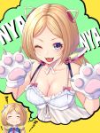  1girl aki_rosenthal animal_ears bangs bare_shoulders blonde_hair blue_eyes blush blush_stickers bow breasts cat_ears choker cleavage collarbone commentary_request detached_hair fake_animal_ears fang frills gloves green_background hair_ornament highres hololive large_breasts long_hair looking_at_viewer mikan_(chipstar182) multiple_views nyan one_eye_closed open_mouth parted_bangs paw_gloves paws pink_bow purple_eyes smile thought_bubble tongue tongue_out twintails virtual_youtuber white_choker yellow_background zzz 